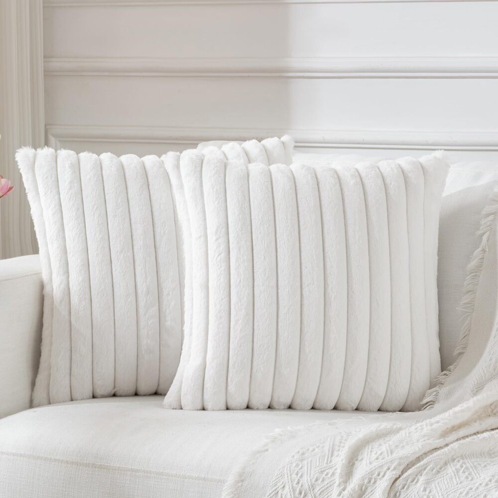 6119 Cream White Throw Pillow Covers 18x18 Set of 2, Velvet Striped Decor